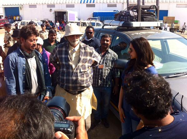 Amitabh Bachchan, Irrfan Khan and Deepika Padukone snapped on the sets of 'Piku'