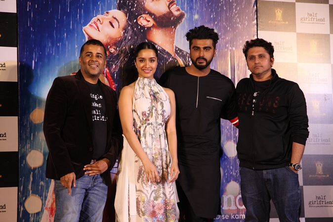 Arjun Kapoor, Shraddha Kapoor, Chetan Bhagat, Mohit Suri pose for the cameras at Half Girlfriend Trailer Launch