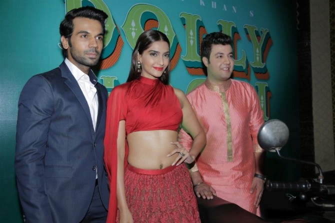 Sonam Kapoor poses with Rajkummar Rao and Varun Sharma