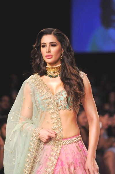 Nargis looked mesmerising in a mint blue and pink lehnga choli by Anushree Reddy