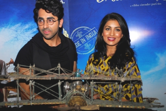 Ayushmann Kharruna and Pallavi Sharda at the trailer launch of 'Hawaizaada'